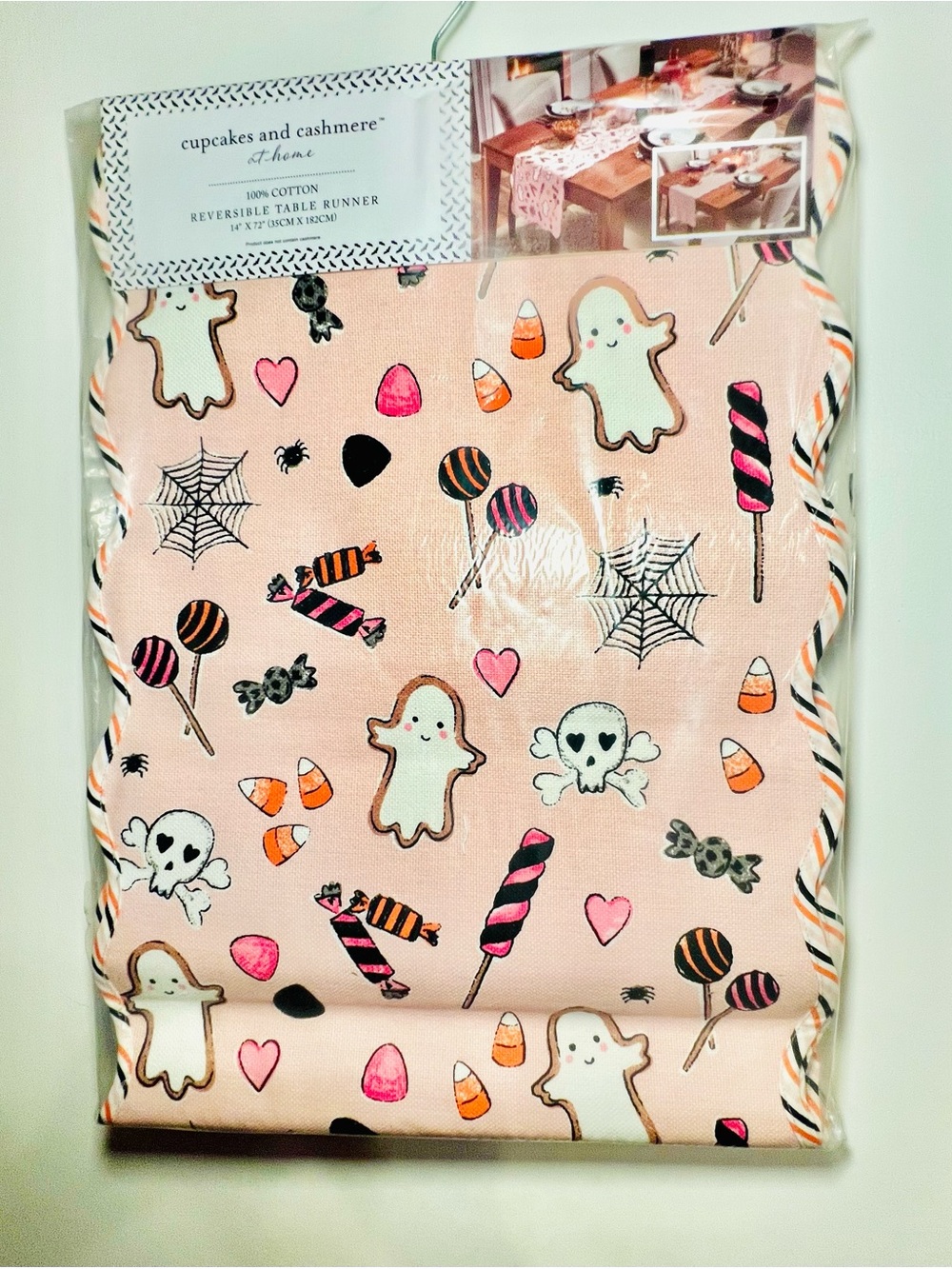 Pink Halloween Creepy Confections Reversible Table Runner Cookies Candy